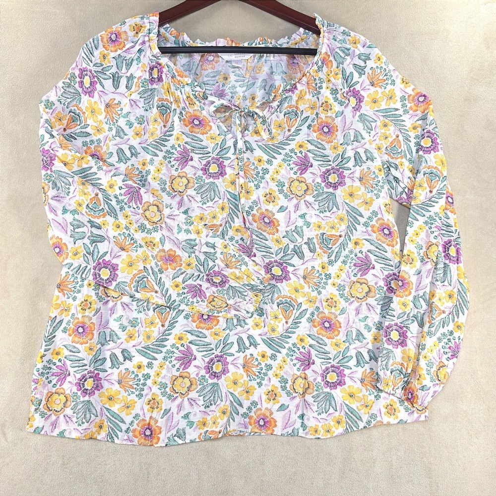 LC Lauren Conrad Floral Peasant Blouse Multicolor Boho Tie Neck Top Medium